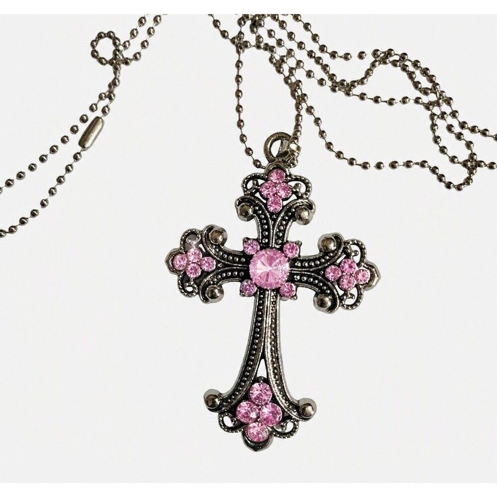 Ornate Pink Gemstone Cross Pendant Scroll Detail Ball Chain Necklace